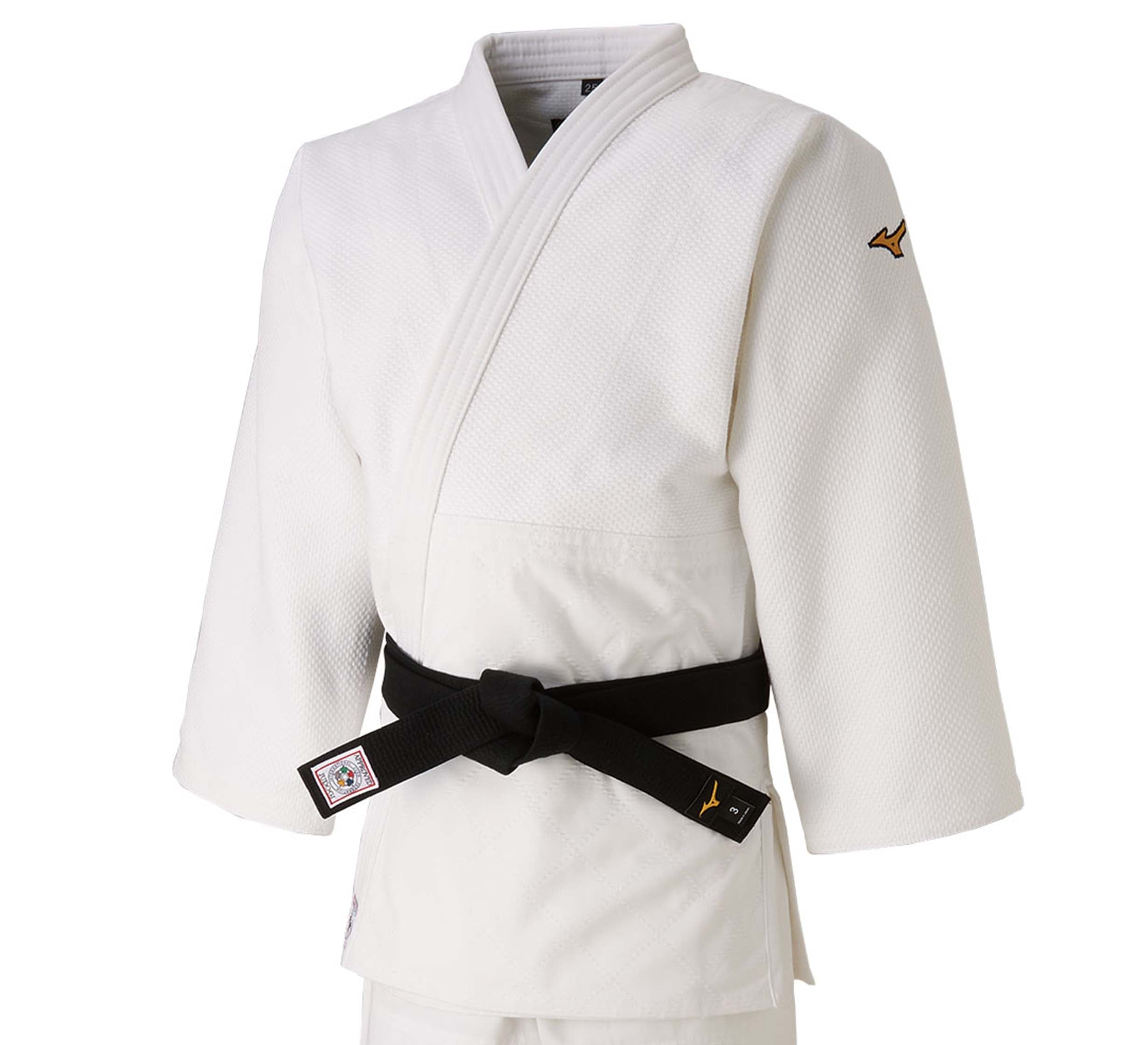 The Mizuno Japan IJF Yusho Judo Gi in white is displayed on a mannequin, showcasing its textured jacket, wide sleeves, black belt at the waist, and a small gold logo embroidered on the left upper sleeve.