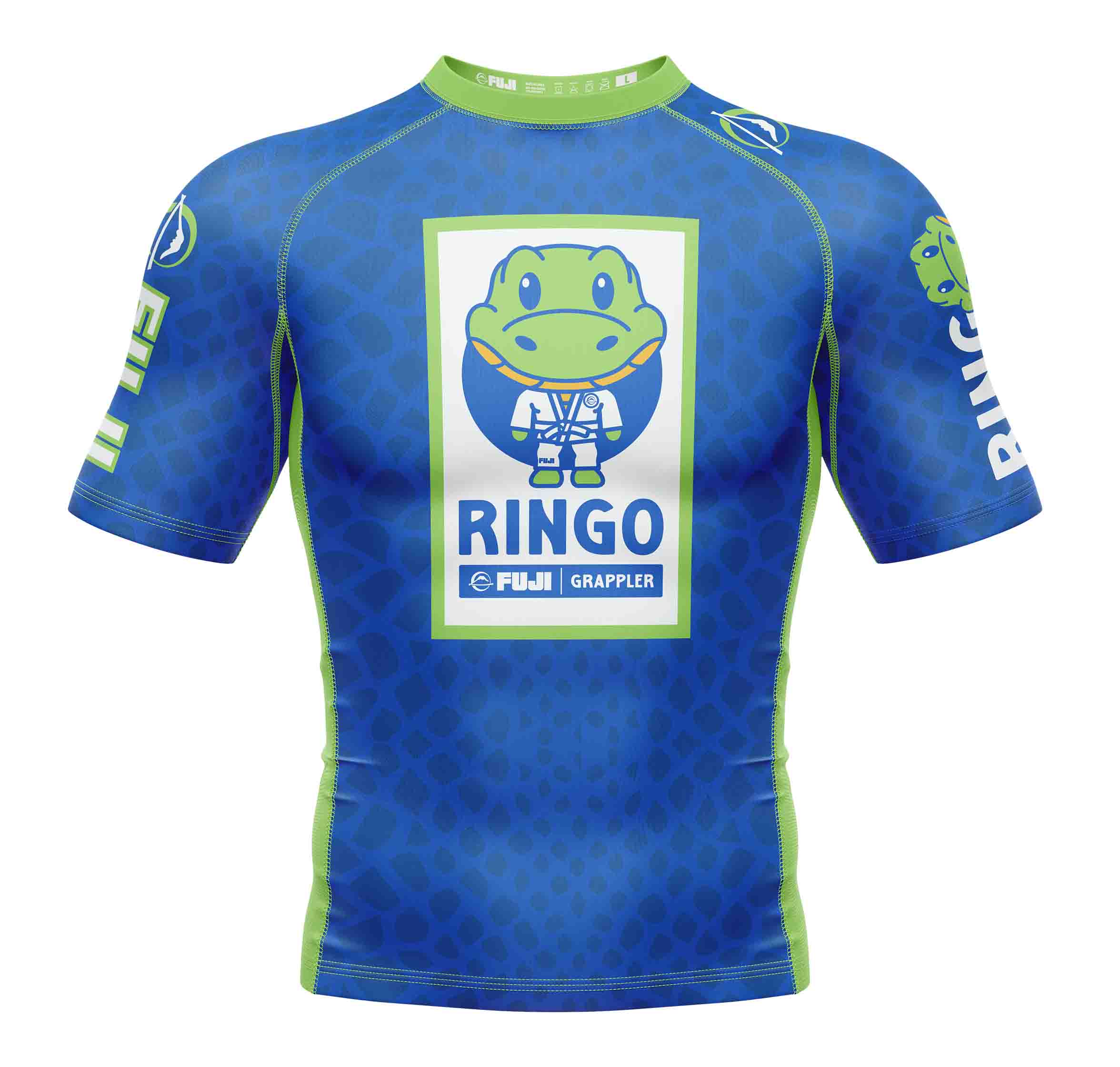 The Kids Ringo Rashguard Blue/Green features short sleeves, a blue and green scale-like pattern, and FUJI logos on the sleeves. A cartoon frog in a gi labeled "Ringo" sits above "FUJI Grappler" on the chest.