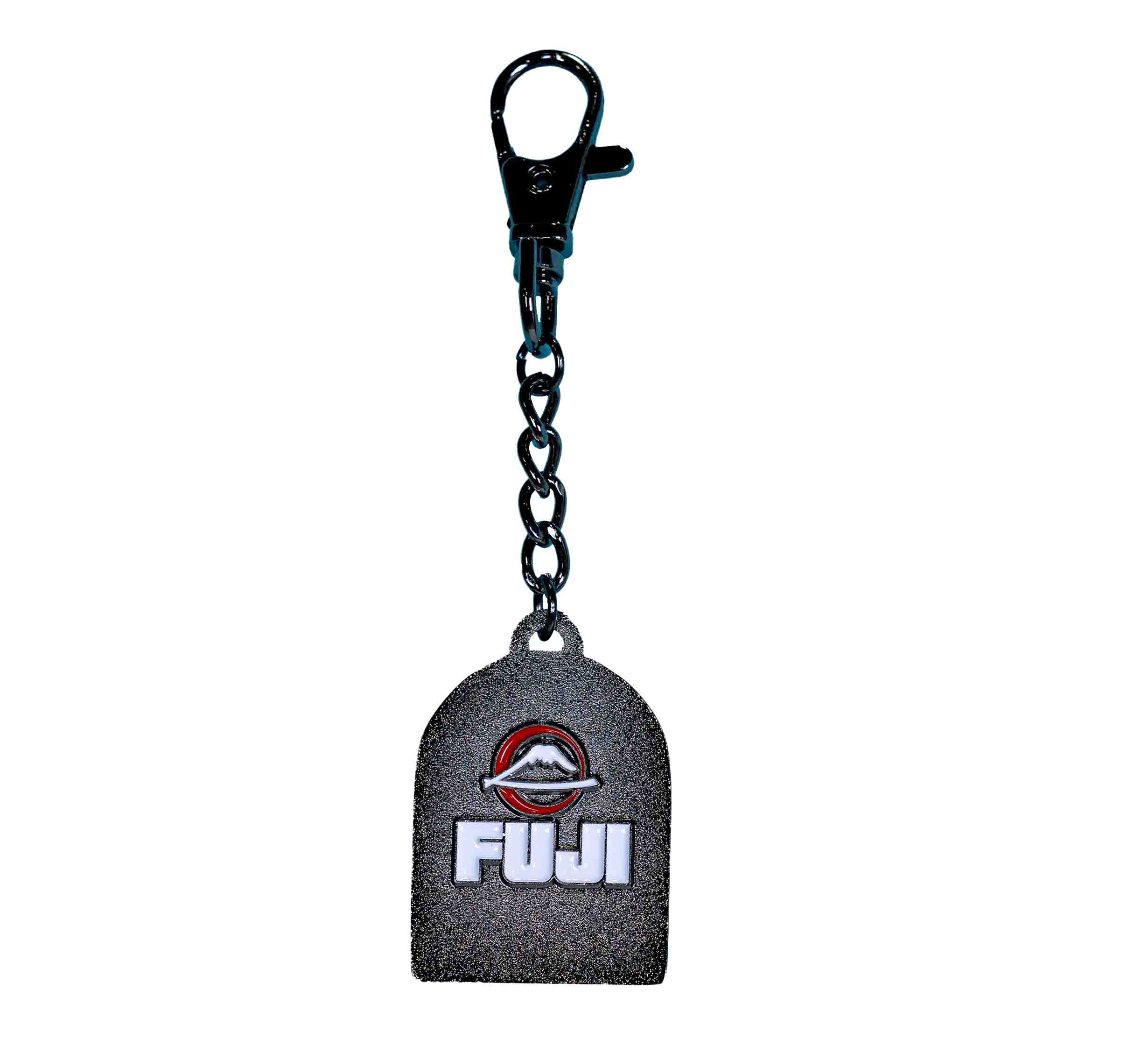 The FUJI Maneki-Neko Keychain features a metallic rectangular tag with "FUJI" and a mountain logo, attached to a short black chain and clasp.