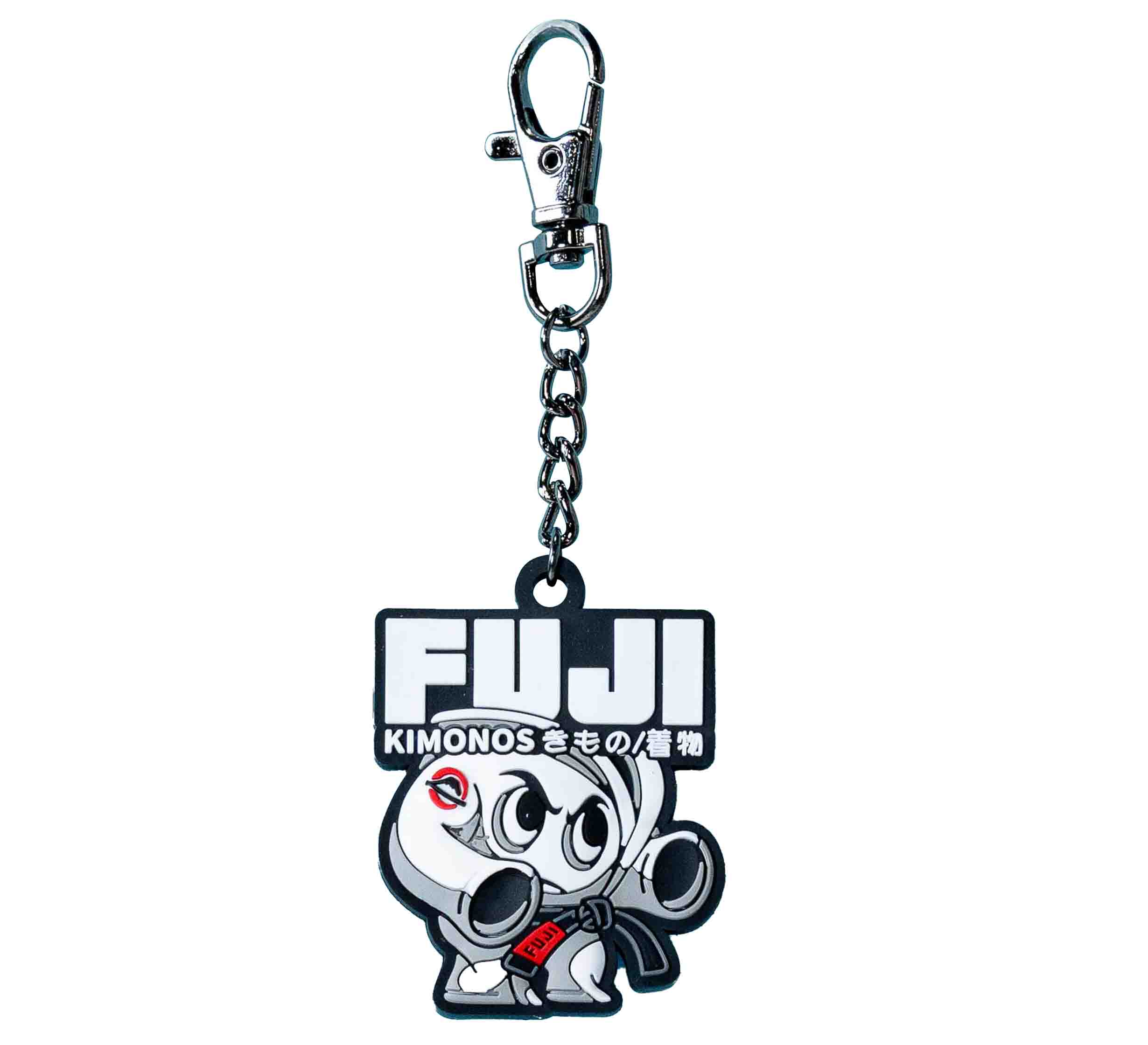 The FUJI Kimono Keychain White features a cartoon panda in a martial arts gi with a red belt, standing under a FUJI KIMONOS sign in English and Japanese.