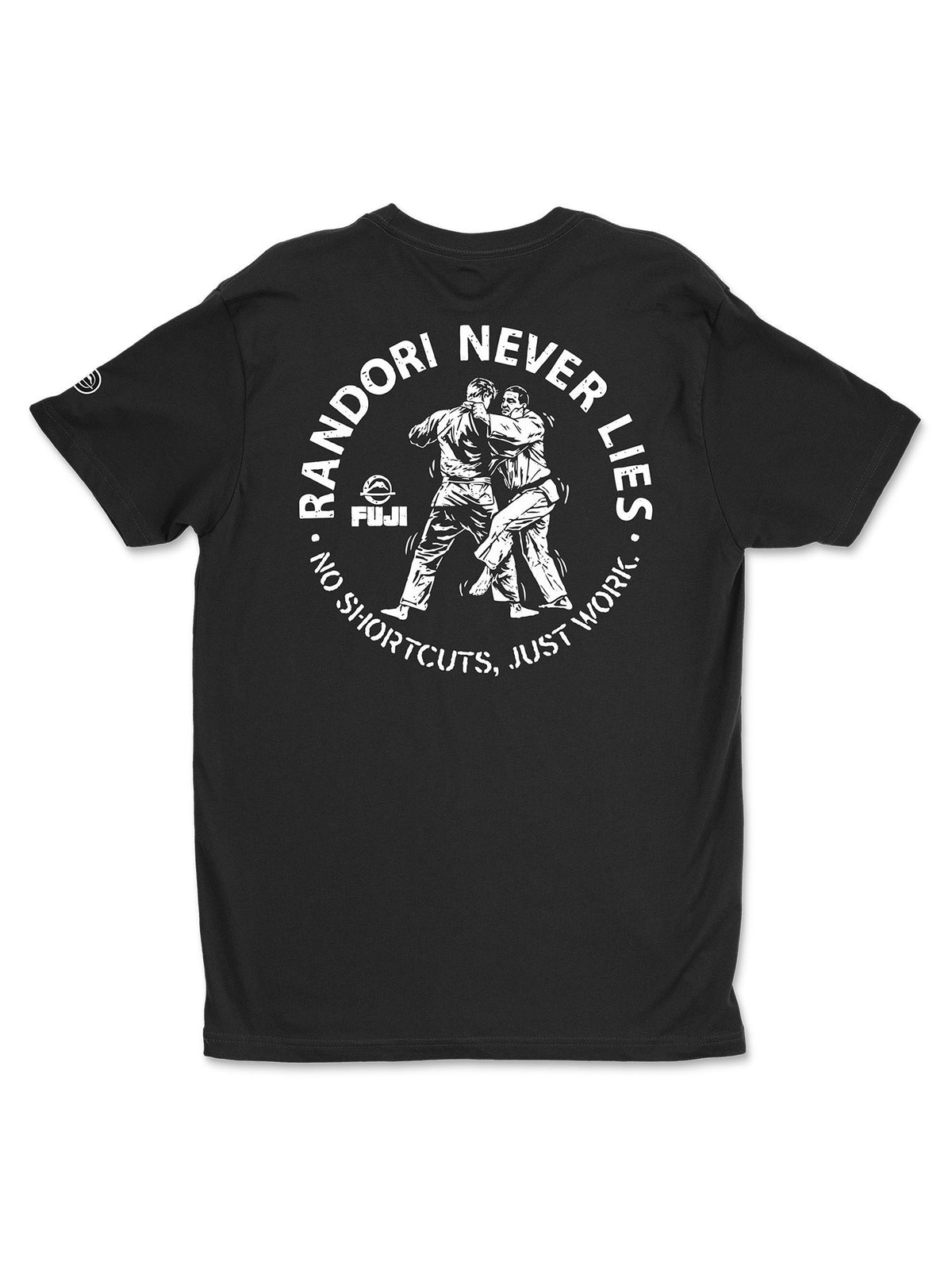 Sure! Here’s a rewritten version of the sentence using the product data: The Randori Never Lies Vintage Shirt Black features a graphic of two people grappling, the phrase “RANDORI NEVER LIES. NO SHORTCUTS, JUST WORK.”, and a small Fuji logo beneath the design.