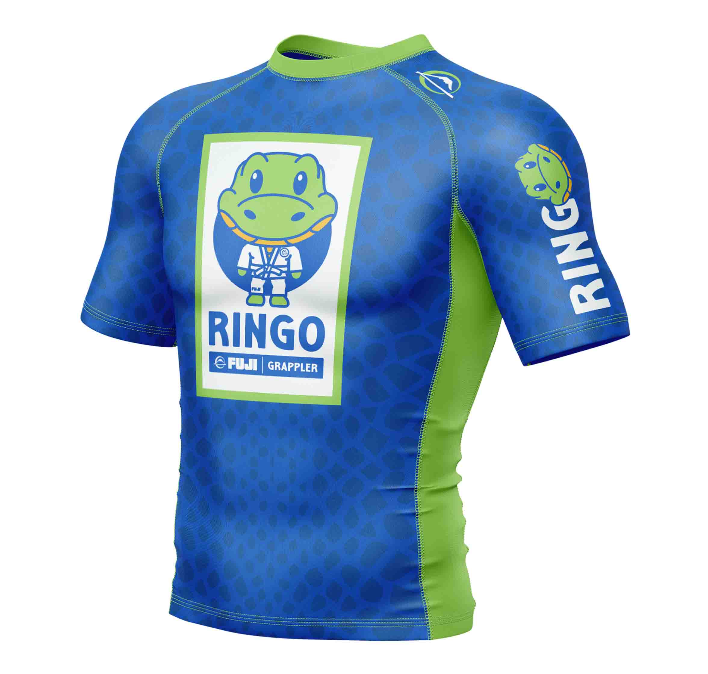 The Kids Ringo Rashguard Blue/Green is a short-sleeve athletic shirt with a cartoon crocodile in a gi, "RINGO" and "FUJI GRAPPLER" printed on the front, and "RINGO" on the left sleeve.