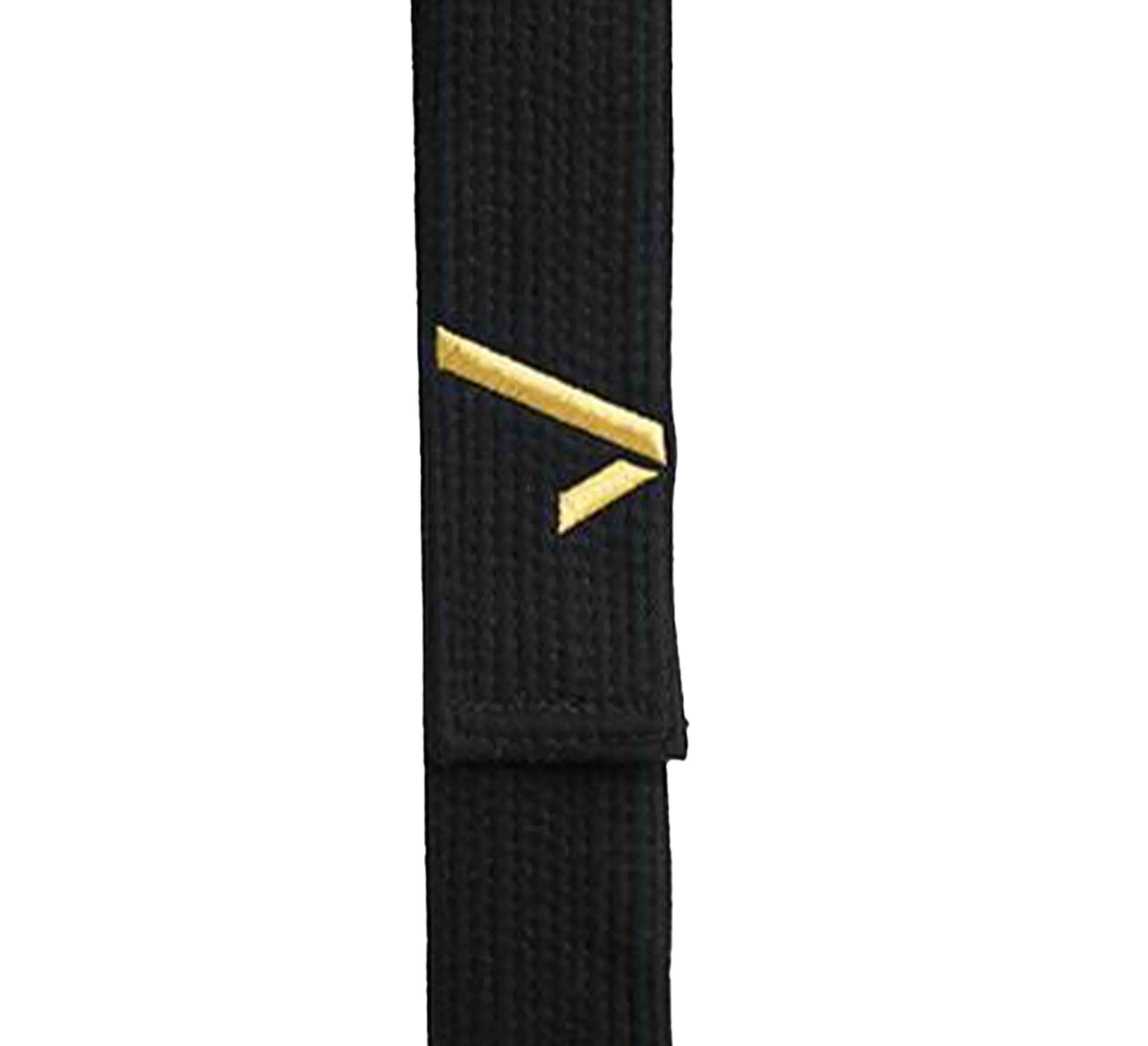 The Ippon Gear Legend IJF Black Belt is shown vertically against a white background, featuring a single gold stripe embroidered near one end.