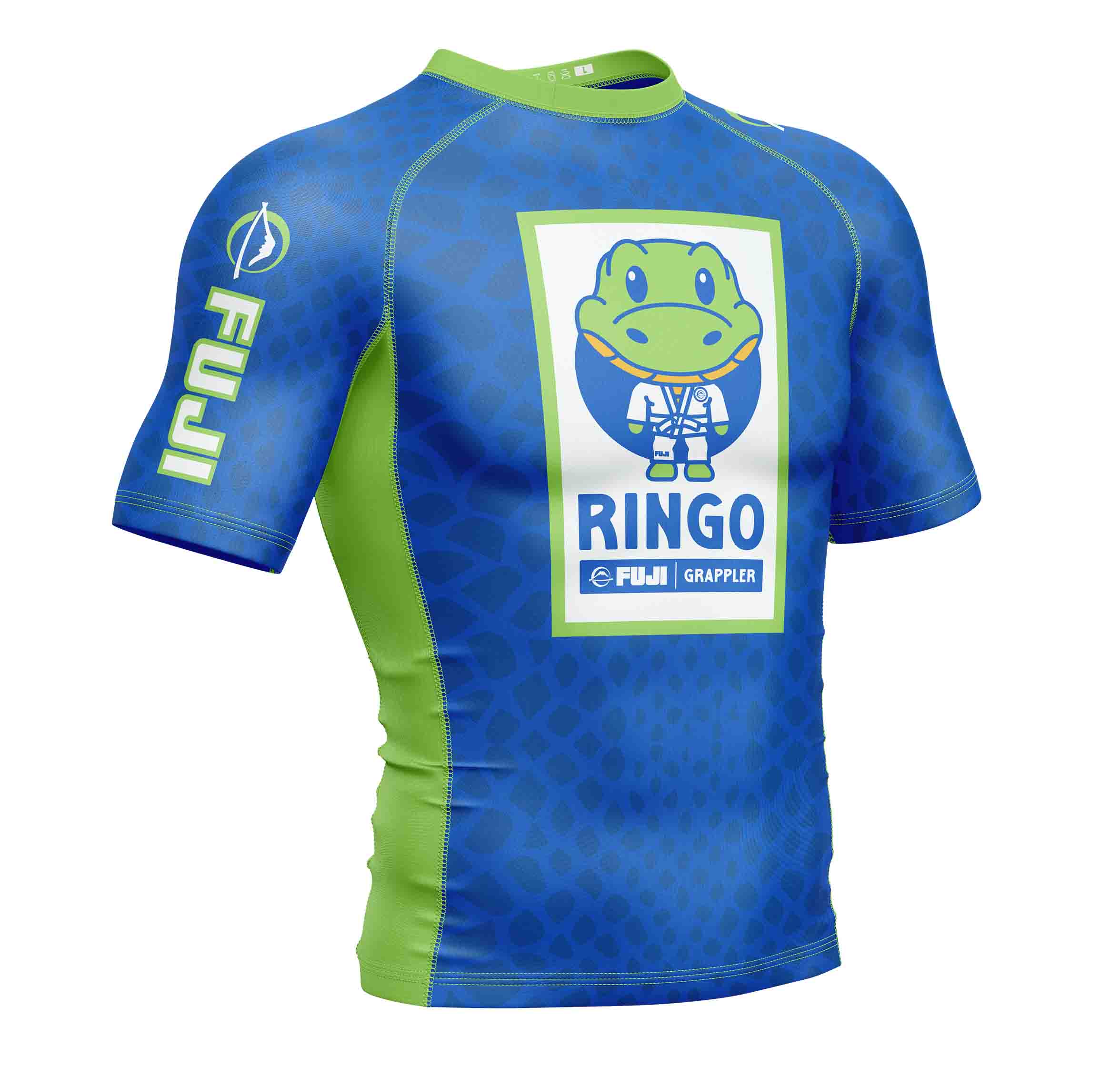 The Kids Ringo Rashguard Blue/Green is a short-sleeve athletic top featuring a cartoon frog in a jiu-jitsu gi on the front with "RINGO," "FUJI," and "GRAPPLER" text, plus "FUJI" printed vertically on the left sleeve.