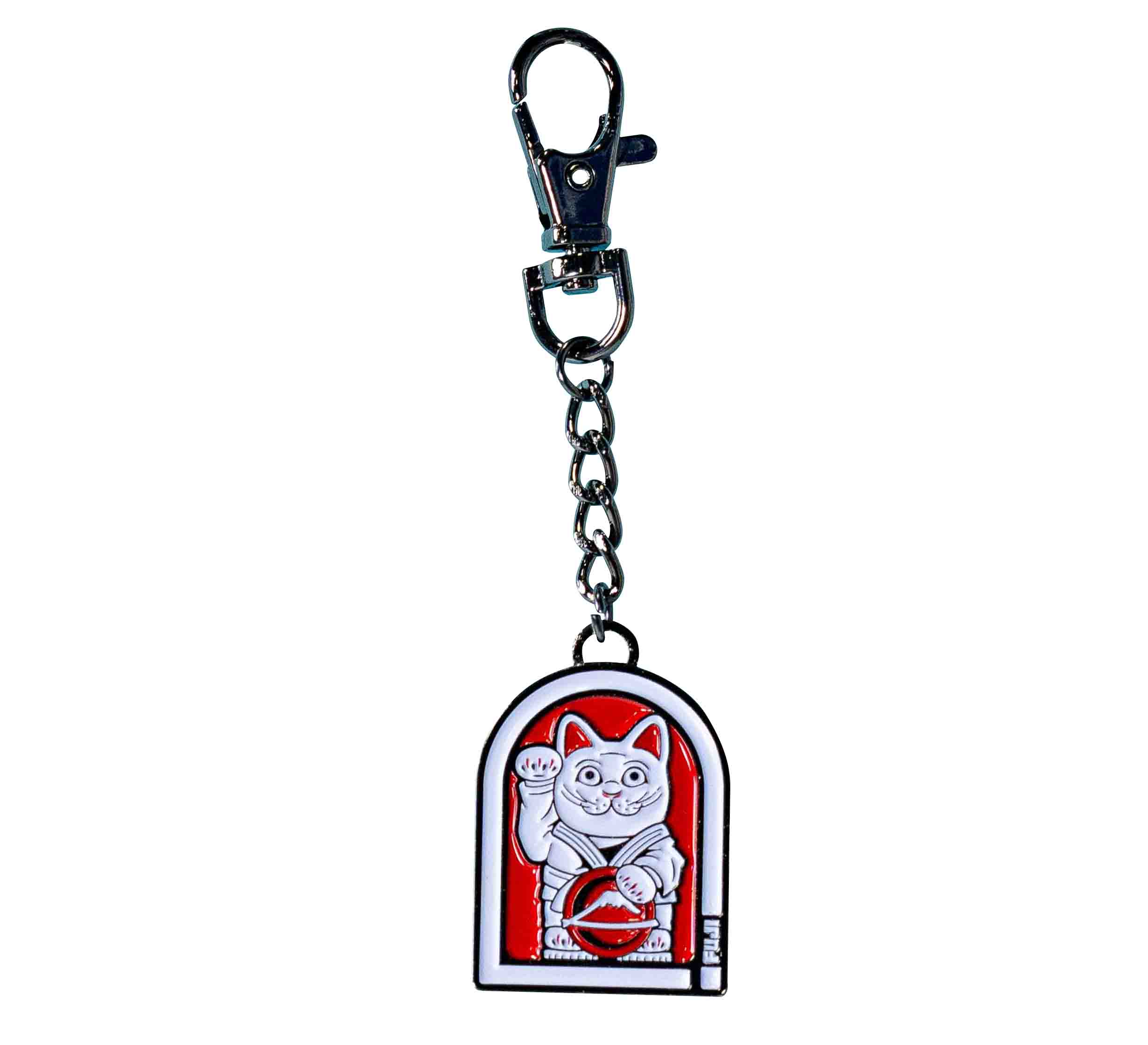 The FUJI Maneki-Neko Keychain features a white Japanese lucky cat charm waving its paw, set against a red background with a black outline and finished with a metal clasp at the top.