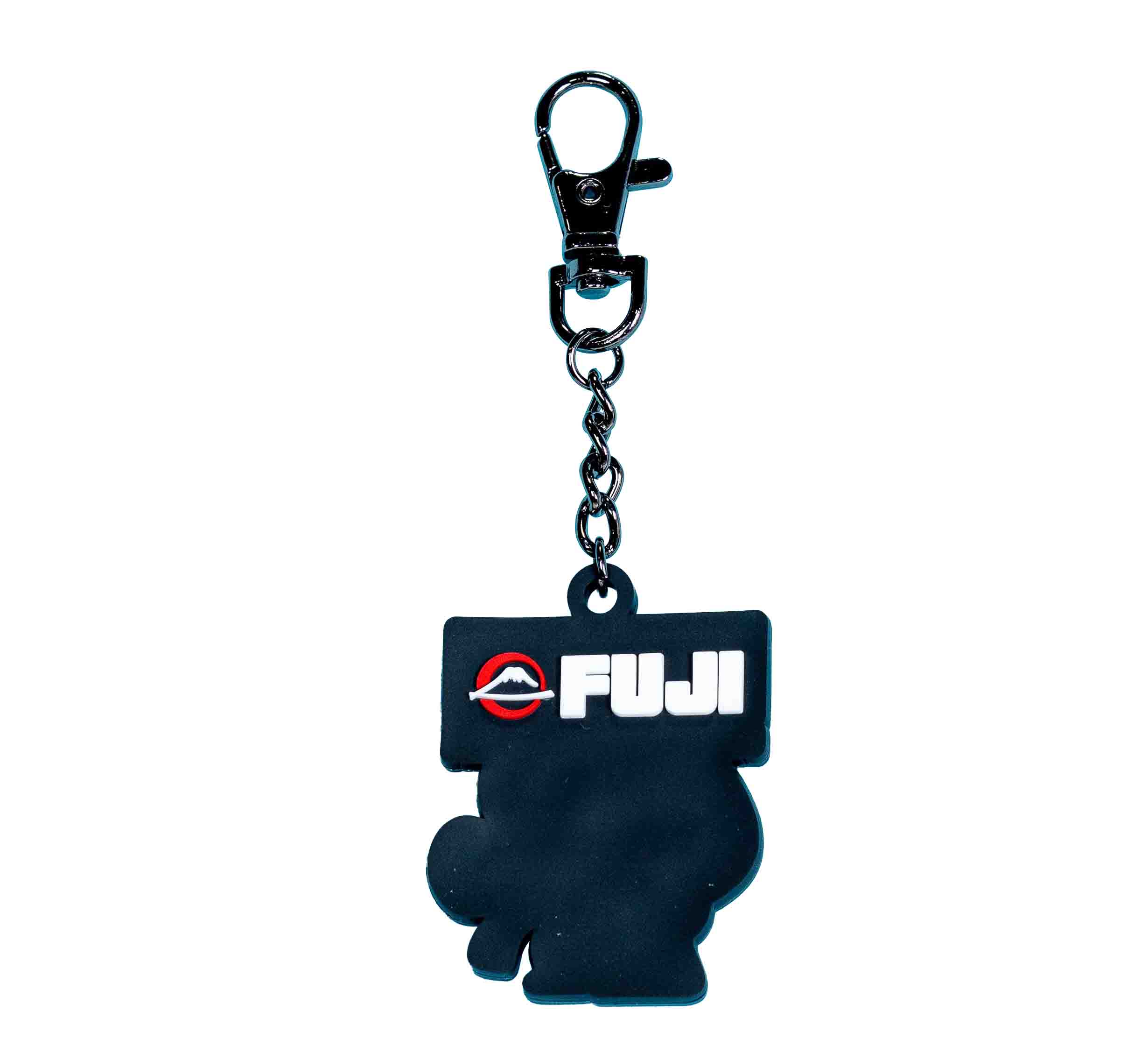 A blue "FUJI Kimono Keychain" features a cartoon silhouette and rectangular FUJI sign with white letters and red-and-white logo above the F, attached to a metal clasp.