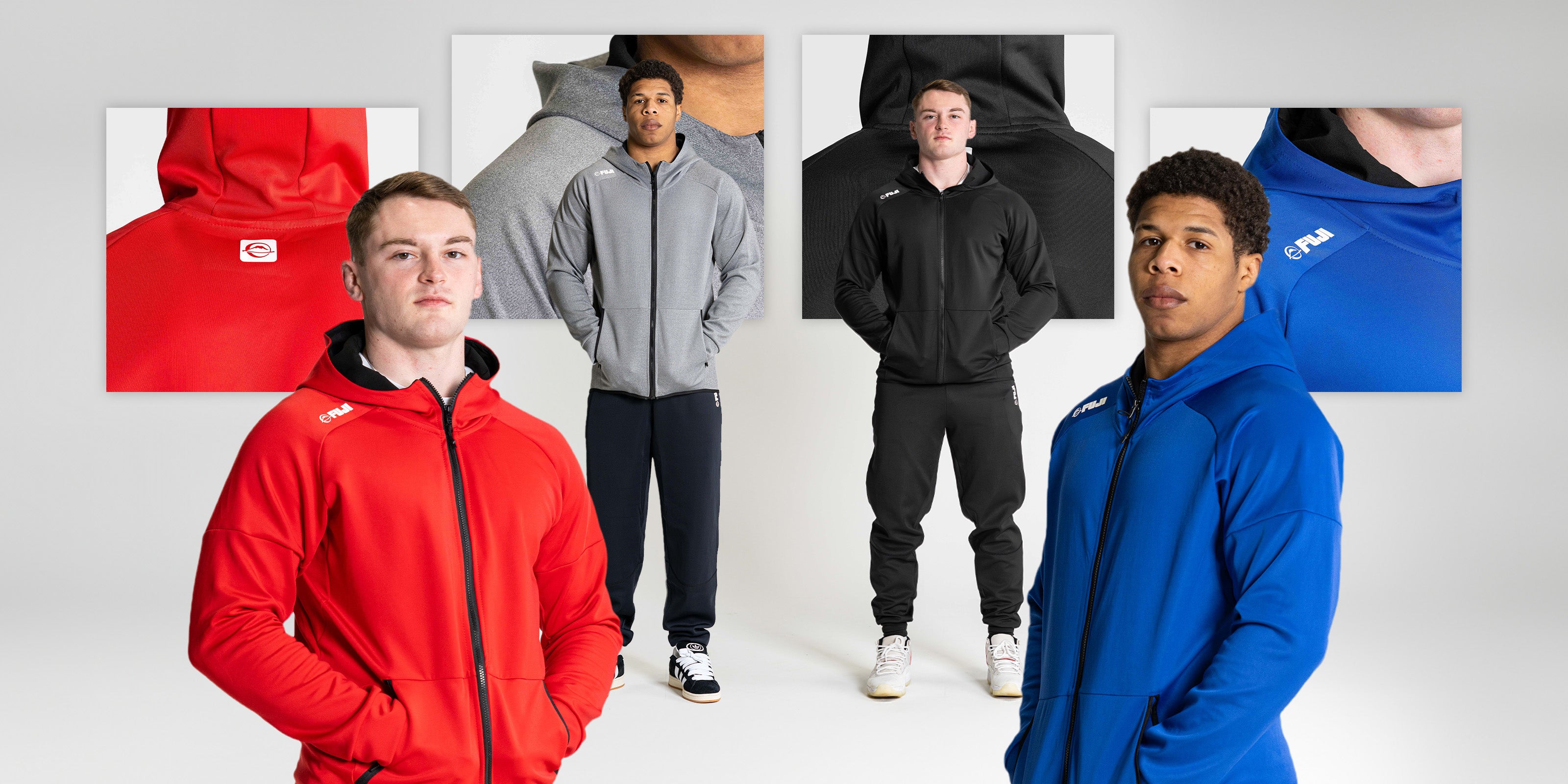Two men model hooded zip-up jackets in red, gray, black, and blue. The background features close-ups of the jacket details and logo. The men stand confidently, showcasing the sporty outerwear in a well-lit studio.