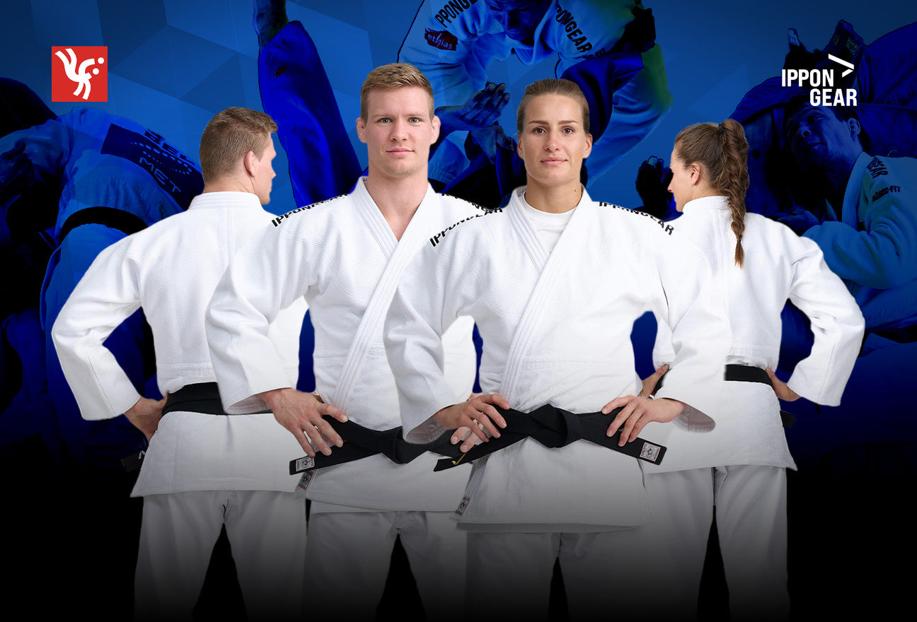 Four judo athletes in white judogi stand confidently, two facing forward and two with backs turned, against a blue background with judo action images. Logos for Ippon Gear and a judo organization appear in the corners.