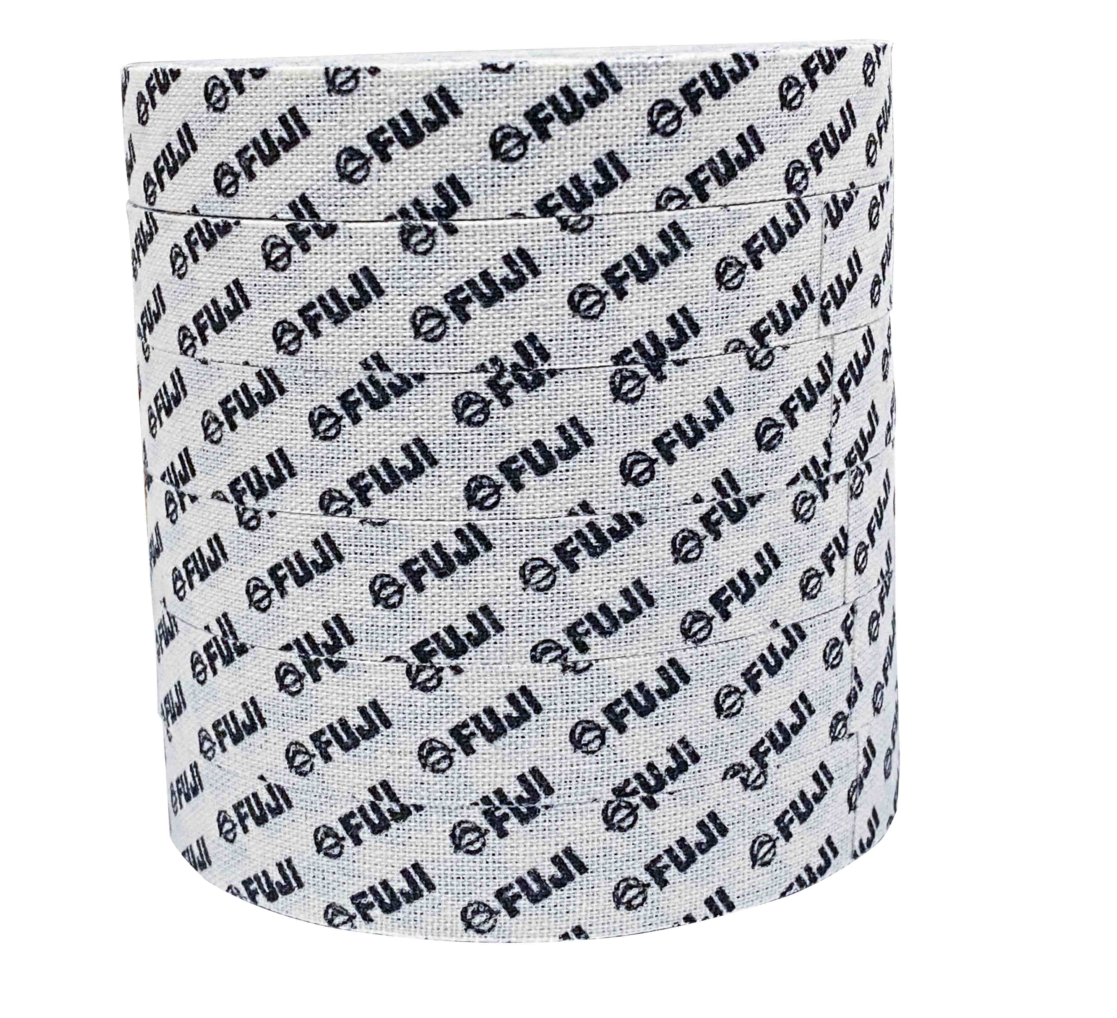 A cylindrical roll of Step & Repeat FUJI Finger Tape, covered in white fabric repeatedly printed with the black FUJI logo and text, stacked to resemble a single solid object.