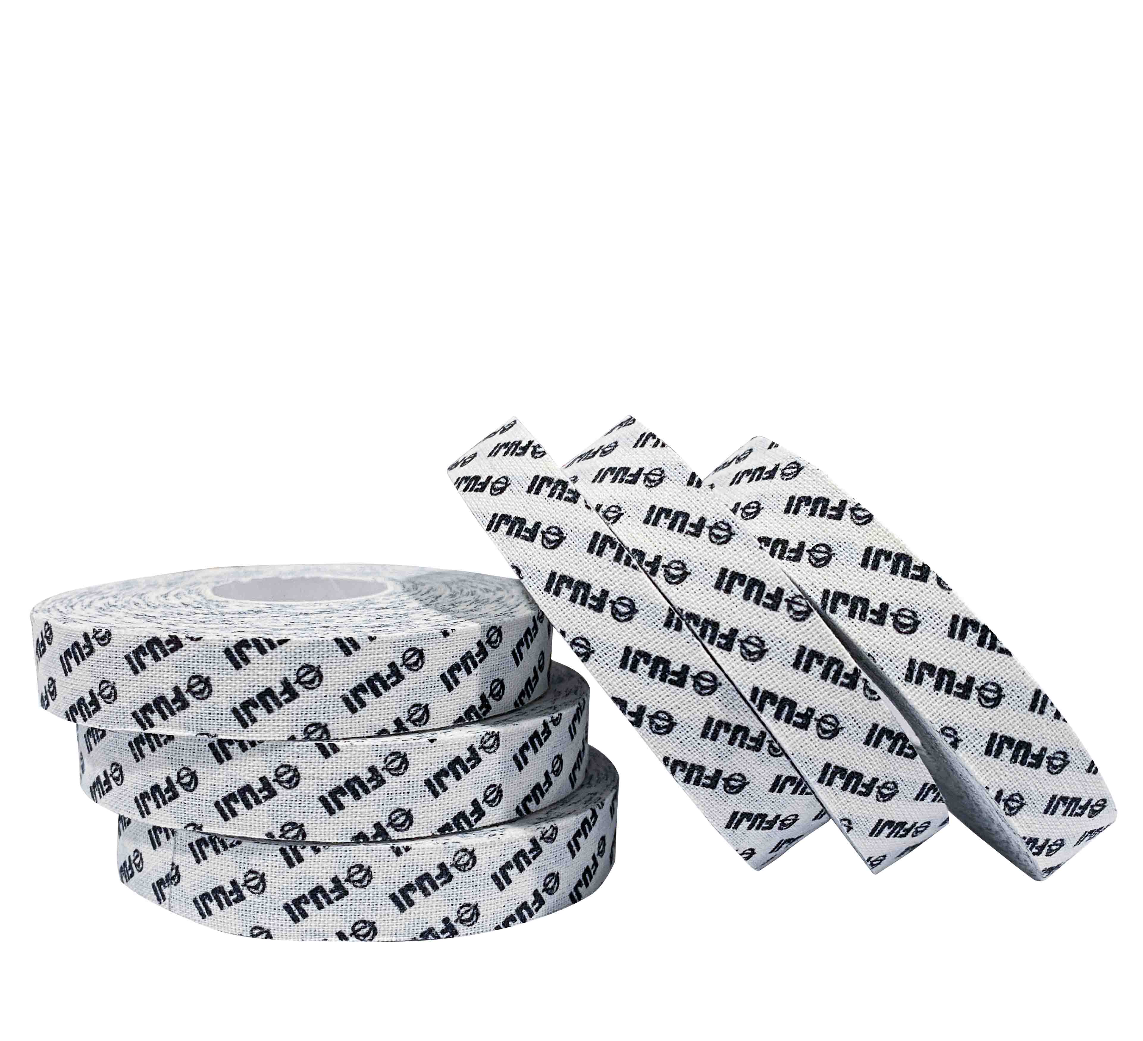 Five rolls of Step & Repeat FUJI Finger Tape are stacked horizontally on the left, and four are angled upright on the right. The white tape features the black IPIU® logo and text printed repeatedly across its surface.