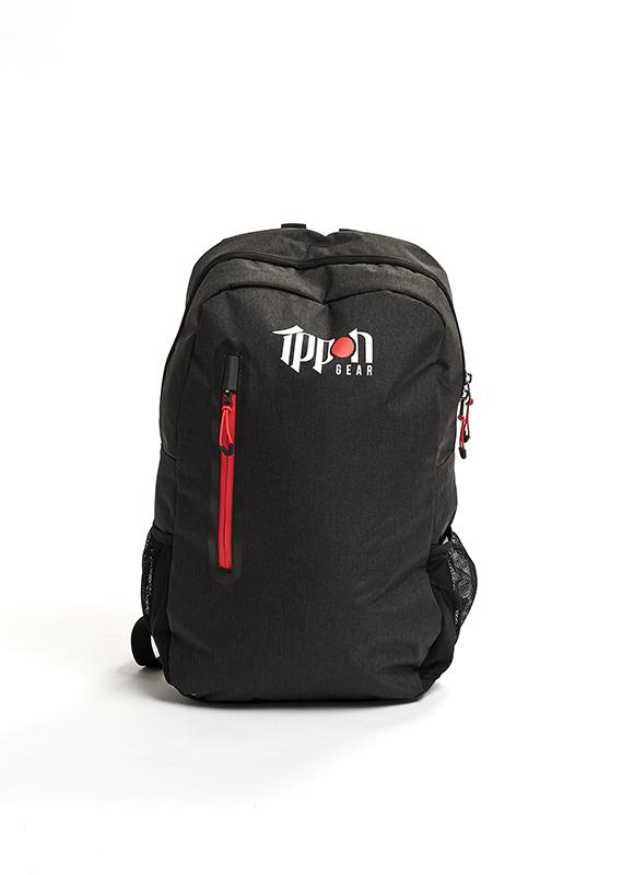 The Ippon Gear Kid's Backpack Fighter, in black with red zipper accents, mesh side pockets, and the TPT Gear logo on the front, is shown against a plain white background.