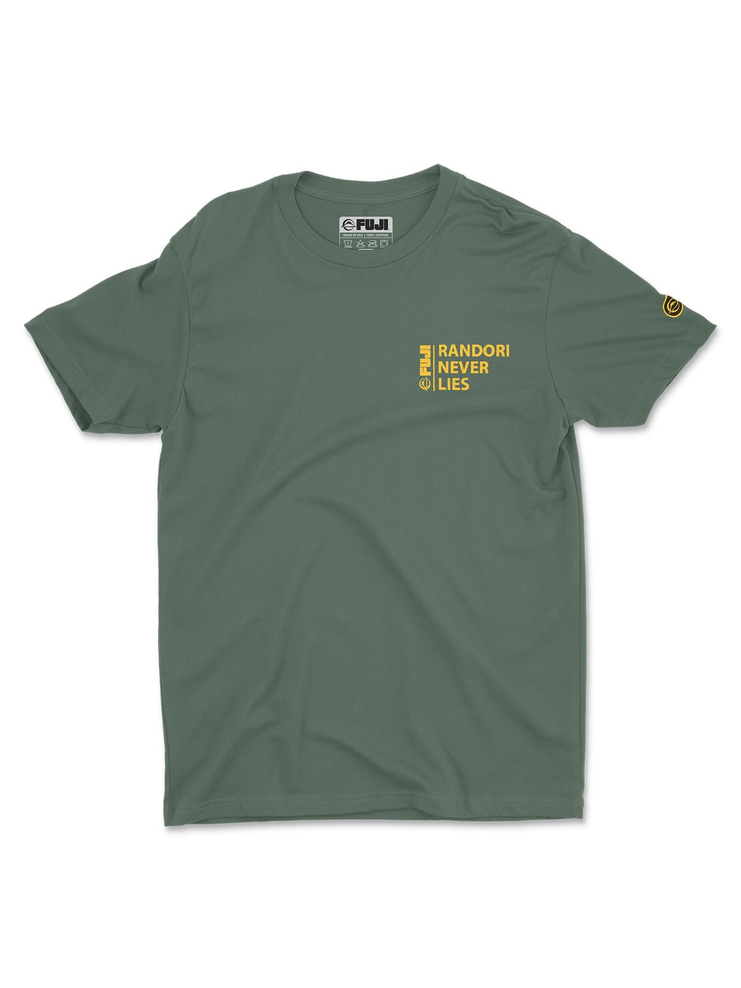 The Randori Never Lies Vintage Shirt Green is an olive green short-sleeve t-shirt featuring yellow text on the left chest that reads “FUJI RANDORI NEVER LIES” and a small yellow logo on the left sleeve.