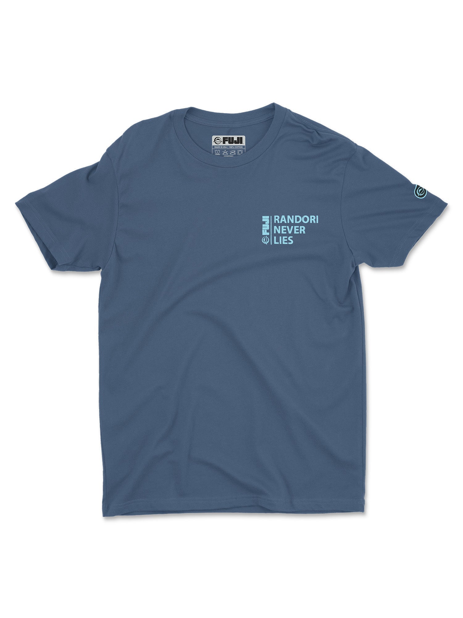 The Randori Never Lies Vintage Shirt Blue is a short-sleeve t-shirt featuring small white text on the left chest that reads “RANDORI NEVER LIES” with a FUJI logo above it, and a small circular logo on the left sleeve.
