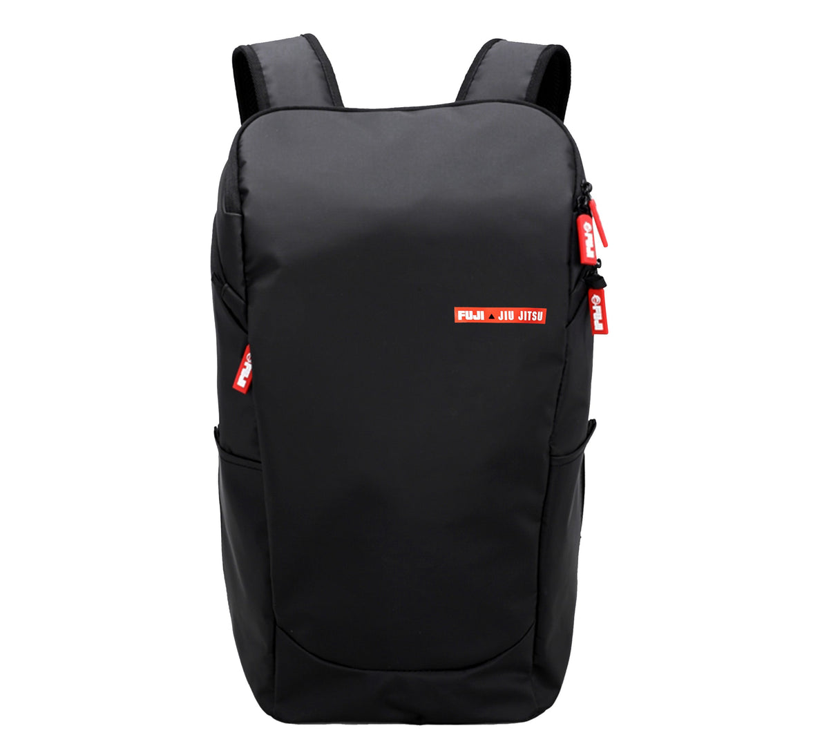 The Urban Day Backpack Black features red zipper pulls, a small red and white "Fuji Jiu Jitsu" logo on the front, two shoulder straps, and side pockets.