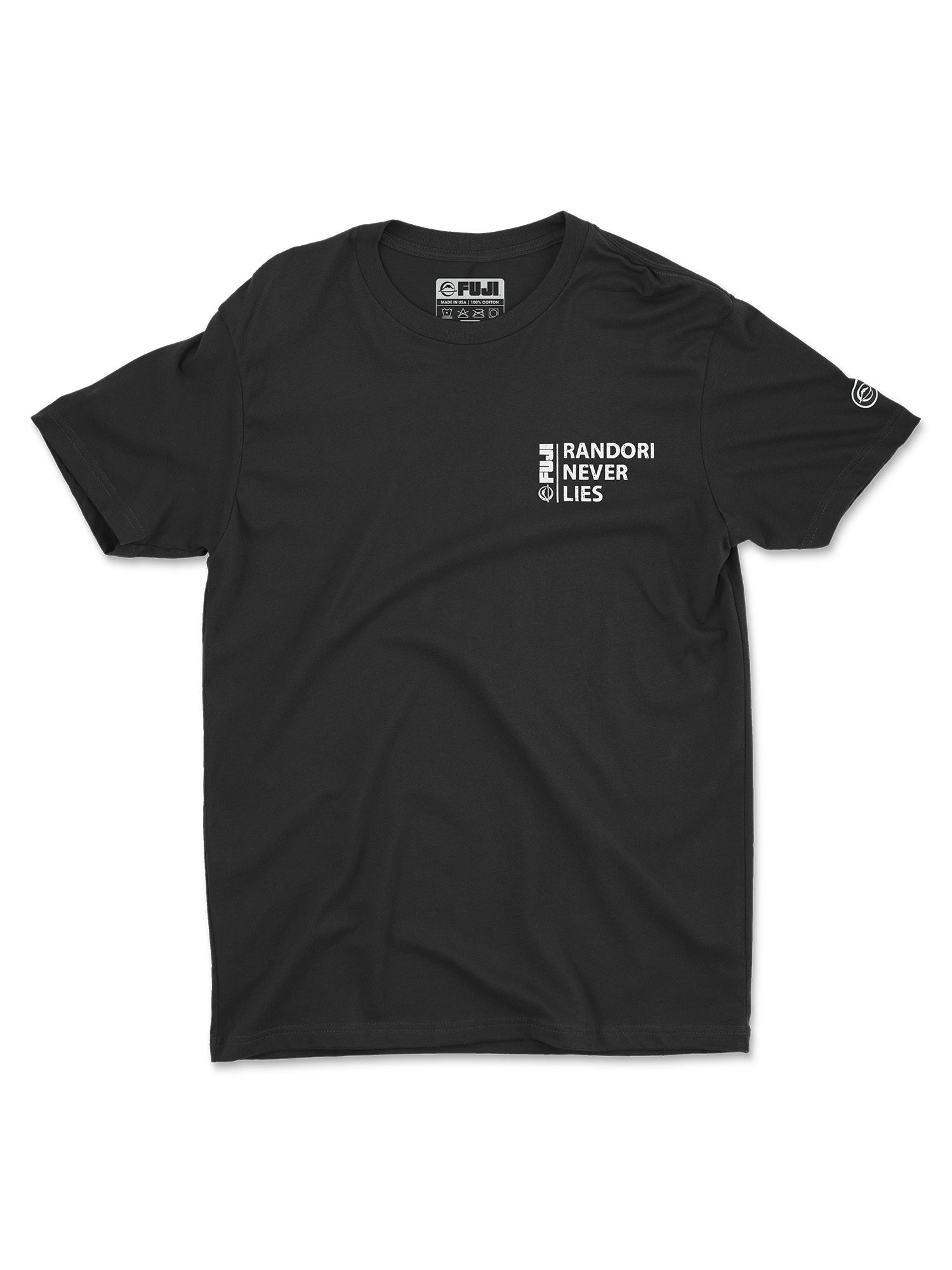 Randori Never Lies Vintage Shirt Black—short-sleeve black t-shirt featuring small white “RANDORI NEVER LIES” text on the left chest with a FUJI Sports logo above it, plus an additional circular logo on the left sleeve.