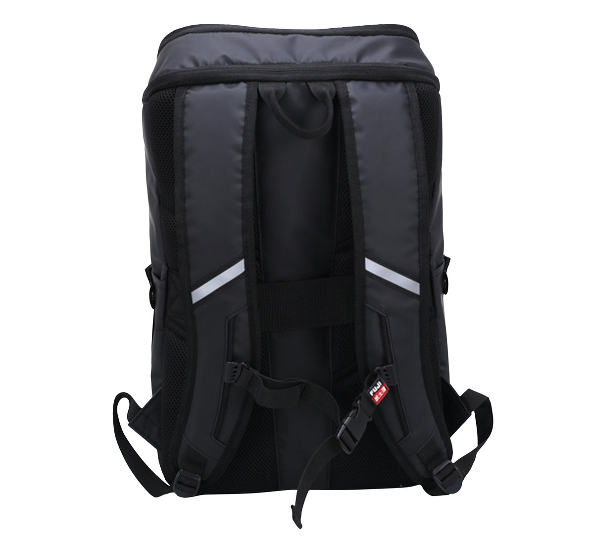 The Urban Day Backpack Black is shown from the back, featuring padded shoulder straps, adjustable chest and waist straps, and reflective strips on each strap. Made from durable, water-resistant material.