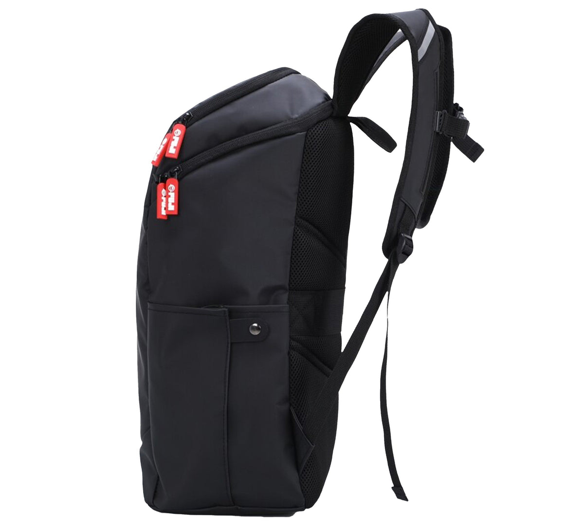 The Urban Day Backpack Black features a modern, streamlined design with padded shoulder straps, a mesh back panel, two red zipper pulls, and a side pocket with a snap button.