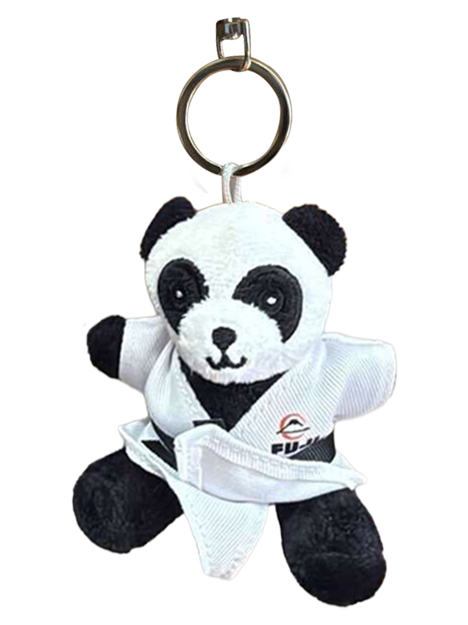 Furry Beast Keychains: Plush panda keychain dressed in a white martial arts uniform with black belt and logo on the jacket, shown against a white background.